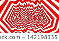 Vibrant psychedelic abstract background featuring the word Indonesia in bold typography, surrounded by red and white zigzag patterns, ideal for banners and designs. 142198335