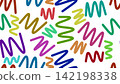 Seamless pattern with hand-drawn, randomly scattered multi-colored zigzag lines on a white background. 142198338
