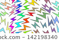 Seamless pattern featuring colorful lightning bolts scattered on a white background. 142198340