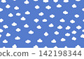 Seamless pattern featuring small, white, puffy cartoon cloud shapes scattered across a solid, medium blue background. Ideal for sky themes, nursery decor, or web design. 142198344