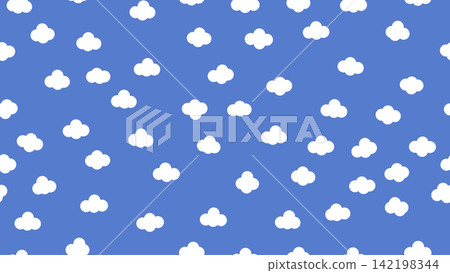 Seamless pattern featuring small, white, puffy cartoon cloud shapes scattered across a solid, medium blue background. Ideal for sky themes, nursery decor, or web design. Seamless pattern featuring small, white, puffy cartoon cloud shapes scattered across a solid, medium blue background. Ideal for sky themes, nursery decor, or web design. 142198344