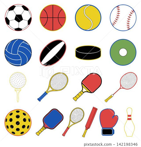 This image features an extensive vector collection of 16 different sports balls, pieces of equipment, and gear items This image features an extensive vector collection of 16 different sports balls, pieces of equipment, and gear items 142198346