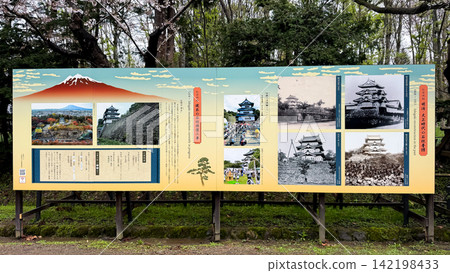 Outdoor historical information board about a Japanese castle 142198433