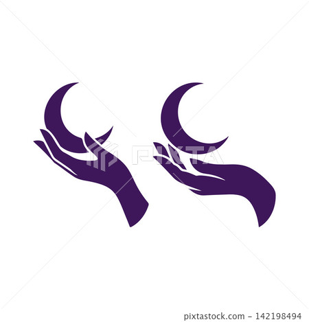 Witch hand holding a crescent moon icon for Halloween decoration Witch hand holding a crescent moon icon for Halloween decoration 142198494