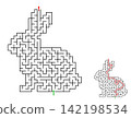 Bunny maze puzzle with a solution, isolated on a white background. A fun puzzle for kids and adults, an educational activity, a logic game, and a worksheet. 142198534