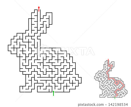 Bunny maze puzzle with a solution, isolated on a white background. A fun puzzle for kids and adults, an educational activity, a logic game, and a worksheet. Bunny maze puzzle with a solution, isolated on a white background. A fun puzzle for kids and adults, an educational activity, a logic game, and a worksheet. 142198534