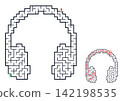 Headphone shaped maze with solution, labyrinth for kids and adults, educational puzzle isolated on white background. 142198535