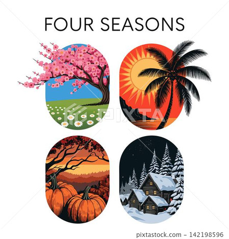 The image consists of four separate circular panels illustrating the changing seasons 142198596