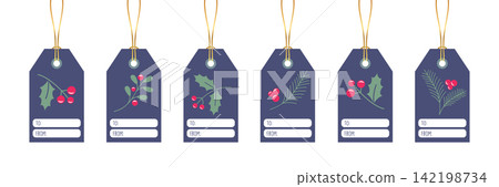 christmas paper tag set label with holly berry motifs vector illustration 142198734