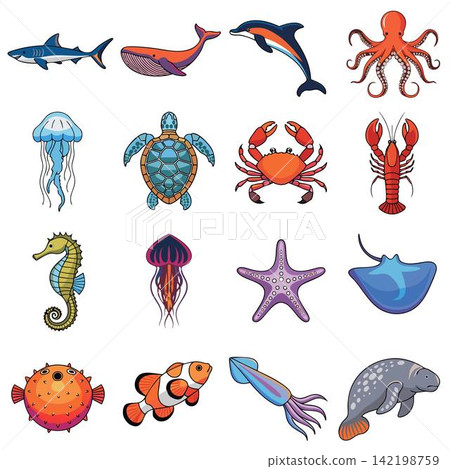 The image shows a collection of 16 colorful marine animals and creatures in a cartoon style The image shows a collection of 16 colorful marine animals and creatures in a cartoon style 142198759