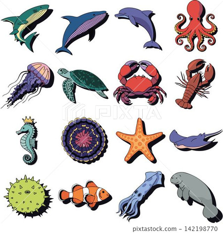 The image shows a collection of 16 colorful sea creatures in a cartoon style The image shows a collection of 16 colorful sea creatures in a cartoon style 142198770