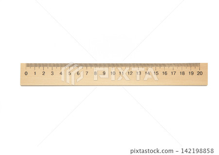 Classic wooden 20-centimeter metric ruler with black numbered scale isolated on white background. Classic wooden 20-centimeter metric ruler with black numbered scale isolated on white background. 142198858