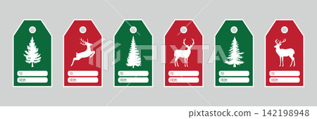 christmas paper tag set label with fir tree and deer motifs motifs vector illustration 142198948