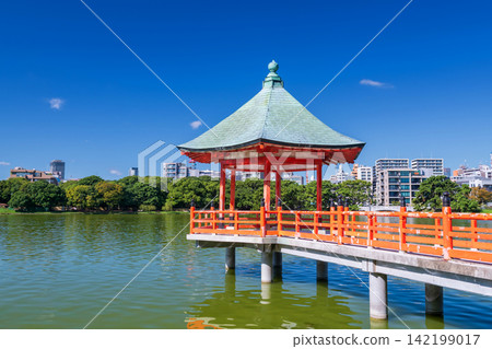 hexagonal pavilion from Ohori lake park with Fukuoka town view hexagonal pavilion from Ohori lake park with Fukuoka town view 142199017