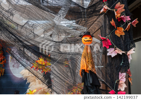 Hanging black jack o lantern ghost by maple leaf for 2026 Halloween Hanging black jack o lantern ghost by maple leaf for 2026 Halloween 142199037