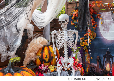 white skeleton and pumpkin jack o lanterns decor for 2026 Halloween white skeleton and pumpkin jack o lanterns decor for 2026 Halloween 142199038