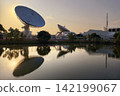 Large satellite dish antenna station with skyline reflection at sunrise 142199067