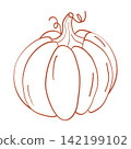 Whimsical monochrome vector illustration of a large ribbed autumn pumpkin, drawn by hand with lively uneven outlines and isolated on a transparent background. 142199102