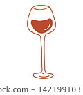 Whimsical monochrome vector illustration of a stemmed glass filled with red wine, drawn by hand with lively uneven outlines and isolated on a transparent background. 142199103