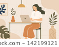 Woman sitting at desk and working on laptop in modern room with plants. Cozy home office concept. Minimalist flat vector illustration in boho style 142199121