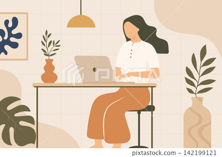 Woman sitting at desk and working on laptop in modern room with plants. Cozy home office concept. Minimalist flat vector illustration in boho style Woman sitting at desk and working on laptop in modern room with plants. Cozy home office concept. Minimalist flat vector illustration in boho style 142199121