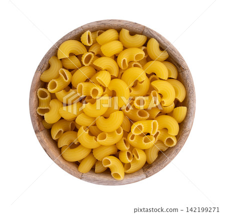 raw chifferi rigati pasta in wooden bowl isolated 142199271
