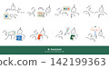 AI Assistant. Line doodle robot character interacting with people through laptop, documents, phone and lightbulb ideas. 142199363