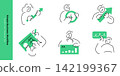 Simple Business Workflow. Line doodle people holding growth arrows, signing documents and reviewing bar charts for workflow concepts. 142199367