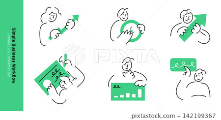 Simple Business Workflow. Line doodle people holding growth arrows, signing documents and reviewing bar charts for workflow concepts. Simple Business Workflow. Line doodle people holding growth arrows, signing documents and reviewing bar charts for workflow concepts. 142199367