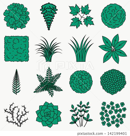 The image shows a set of stylized icons of green plants and trees 142199401
