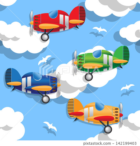 Aircraft in the sky. Seamless pattern. Vector illustration. Aircraft in the sky. Seamless pattern. Vector illustration. 142199403