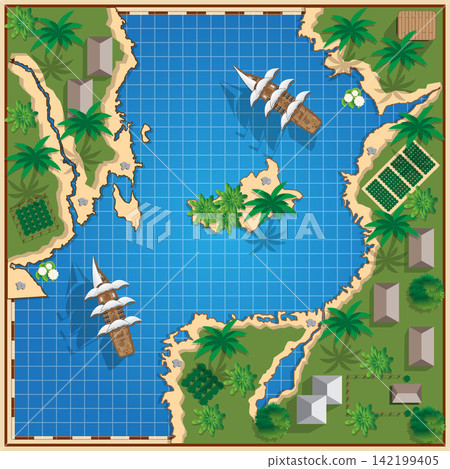 Tropical coast with sailing ships. View from above. Vector illustration.  142199405