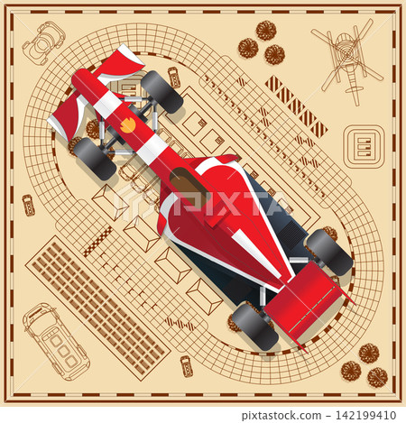 Race car on the background tracks. View from above. Vector illustration. Race car on the background tracks. View from above. Vector illustration. 142199410