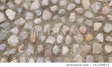 Overhead close up of a cobblestone path made of smooth grey, brown and light stones set in dirt, scattered with dry pine needles and small leaves Overhead close up of a cobblestone path made of smooth grey, brown and light stones set in dirt, scattered with dry pine needles and small leaves 142199615