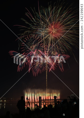 Fireworks lighting up the night sky; fireworks blooming in the summer night sky; fireworks blooming in the night sky; a fireworks display shining high in the sky; fireworks; night sky; fireworks image 142199643