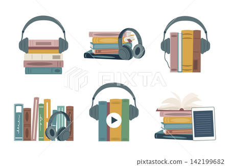 Audiobook Element Set with Books, Headphones and Reading Icons Audiobook Element Set with Books, Headphones and Reading Icons 142199682