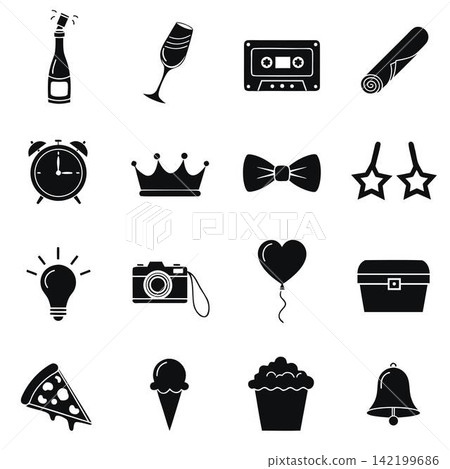 This image features a collection of black silhouette icons symbolizing parties, celebrations, and holidays This image features a collection of black silhouette icons symbolizing parties, celebrations, and holidays 142199686