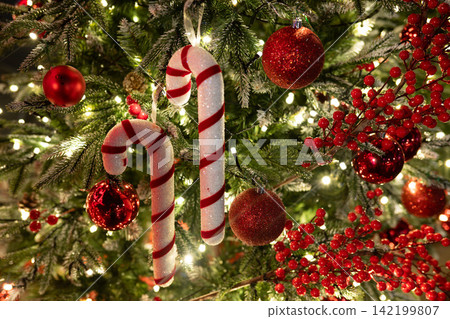 Close-Up of Decorated Christmas Tree with Twinkling Lights and Festive Ornaments and candy canes. 142199807