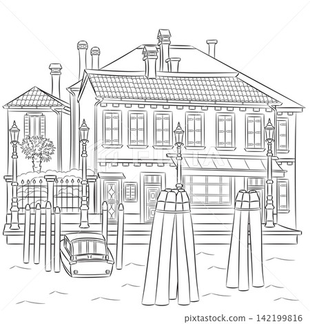 Black and White Vector Illustration of Burano Waterfront, Venice, Italy Black and White Vector Illustration of Burano Waterfront, Venice, Italy 142199816