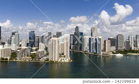Panorama of Brickell in Miami. Panorama of Miami skyline on a sunny day. Panorama view of Miami Beach and Brickell. Brickell famous panorama. Miami downtown landscape. 142199819