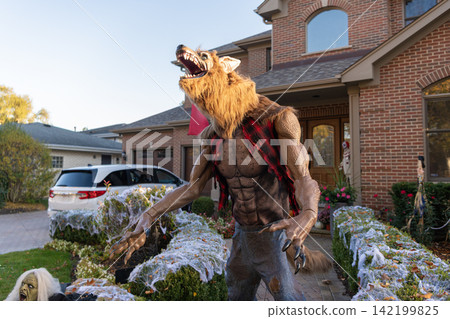 All Hallows. October 31. Halloween werewolf outdoor. Happy Halloween. Spooky angry werewolf monster. Day of dead. Dead Halloween werewolf. Trick or treat. Decoration for All Hallows party holiday 142199825