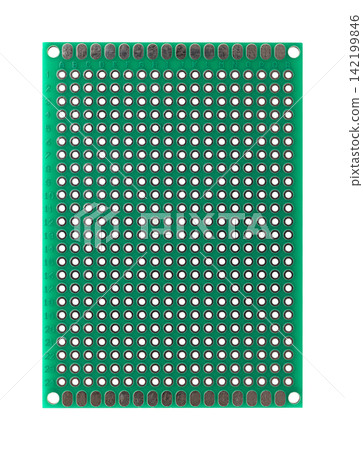 Universal perfboard, prototyping board, protoboard, or dot PCB, for building electronic circuits, made of green fiberglass featuring grid spacing, labeling, and power rails. Isolated from above. Photo Universal perfboard, prototyping board, protoboard, or dot PCB, for building electronic circuits, made of green fiberglass featuring grid spacing, labeling, and power rails. Isolated from above. Photo 142199846