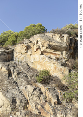 Limestone rock cliff with green trees and blue sky 142199860