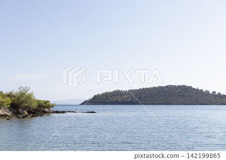 Island in the sea with rocky shore and green trees Island in the sea with rocky shore and green trees 142199865