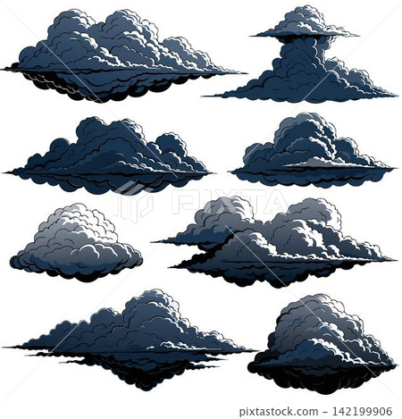 This is a collection of digital illustrations depicting dark, stylized storm clouds This is a collection of digital illustrations depicting dark, stylized storm clouds 142199906