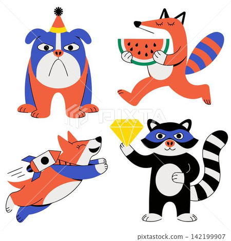 This image features colorful, stylized illustrations of cartoon animals This image features colorful, stylized illustrations of cartoon animals 142199907