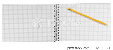 Open landscape spiral notebook with blank checkered graph paper pages and yellow pencil isolated on white background Open landscape spiral notebook with blank checkered graph paper pages and yellow pencil isolated on white background 142199971