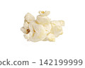 Freshly popped popcorn kernels isolated on white background. Tasty salty snack for movie theater. 142199999