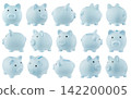 Blue piggy bank collage with multiple angles isolated on white background 142200005
