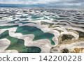 Aerial view of white sand dunes and a blue-green lagoon stretching to the horizon of storm clouds, Lençóis Maranhenses. 142200228